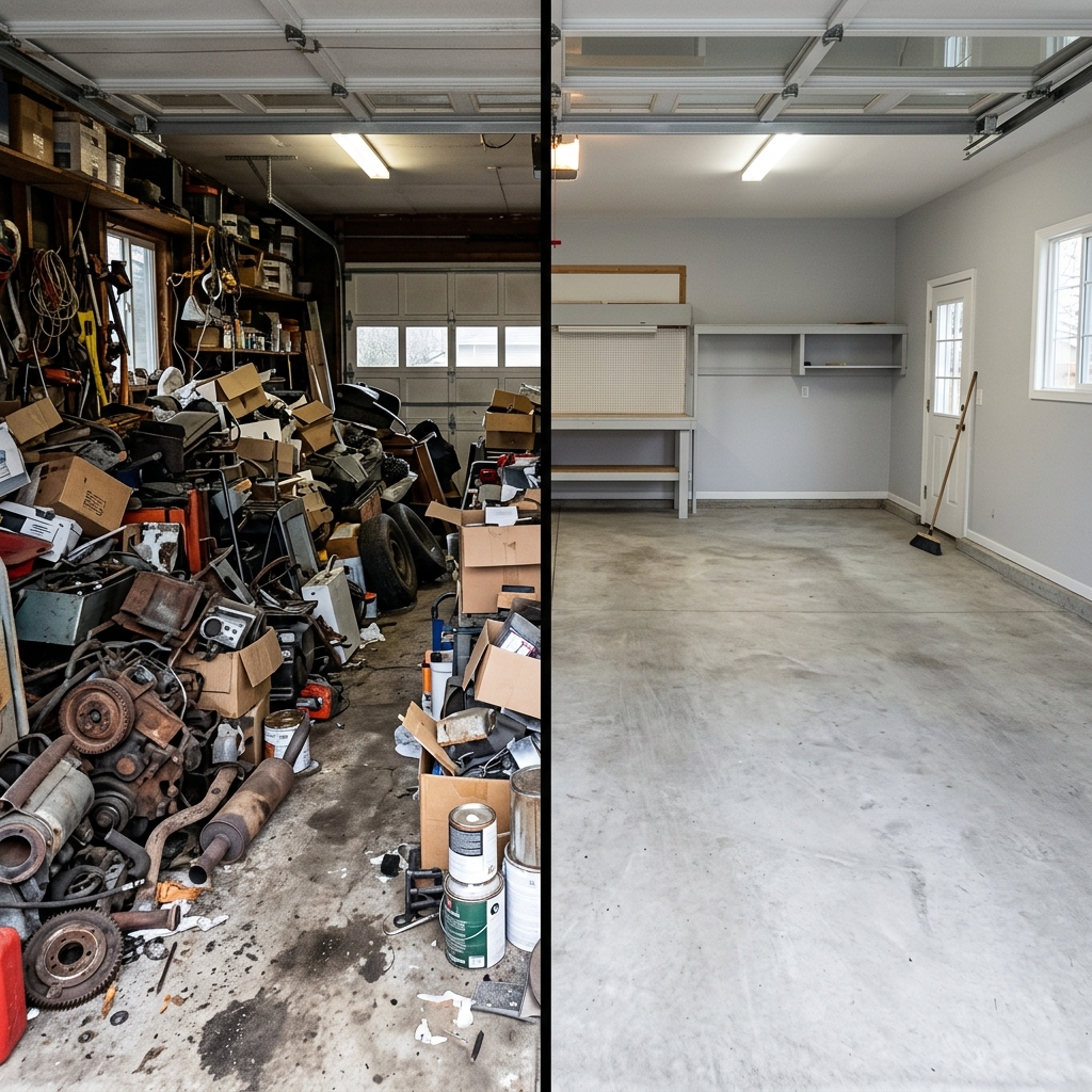 Before and after split screen showing a messy garage full of unwanted items vs a completely cleaned and organized garage